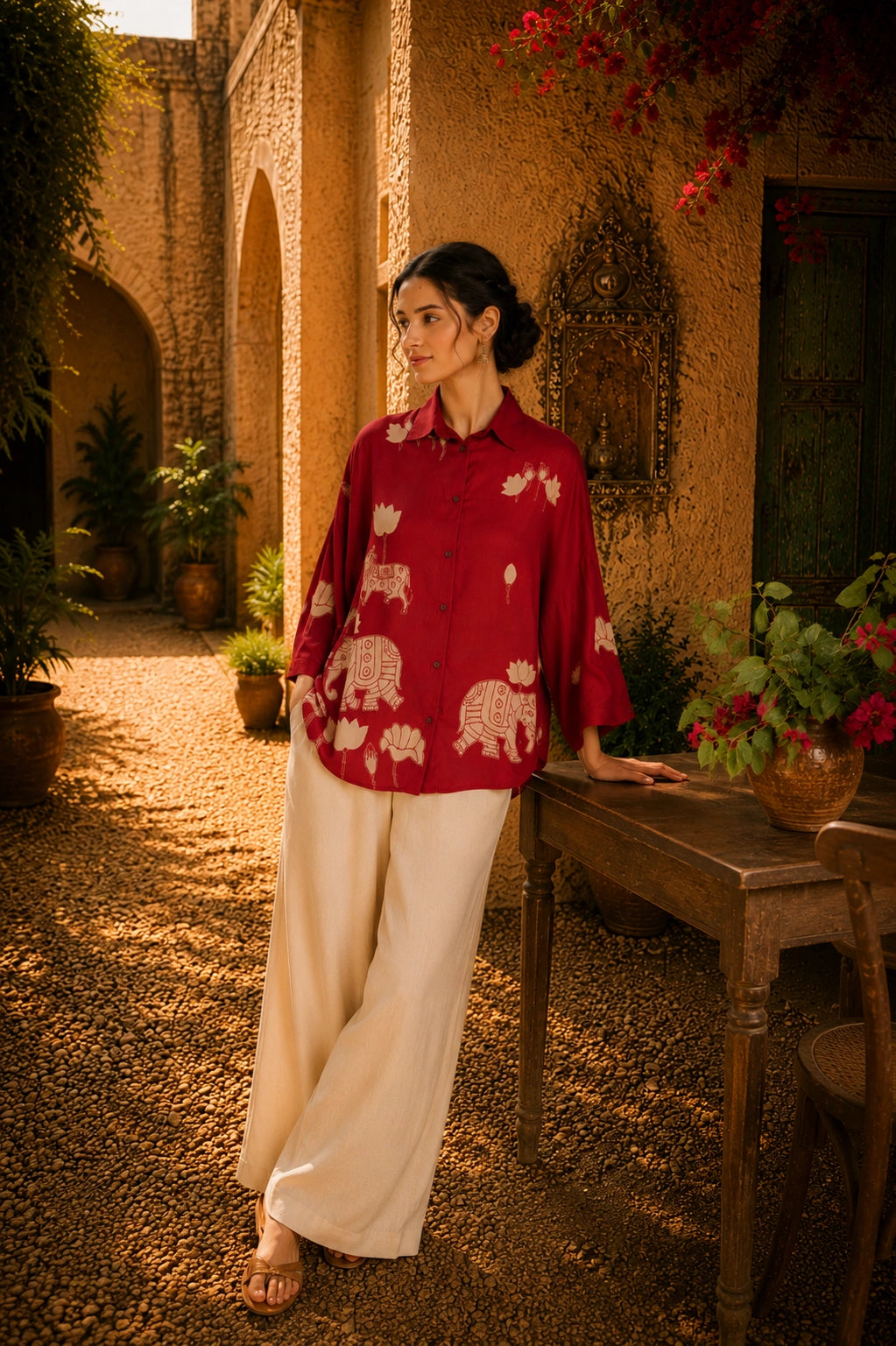 Red Kalamkari Elephant & Lotus Print Oversized Cotton Shirt – Premium Relaxed Fit Ethnic Fusion Top for Women