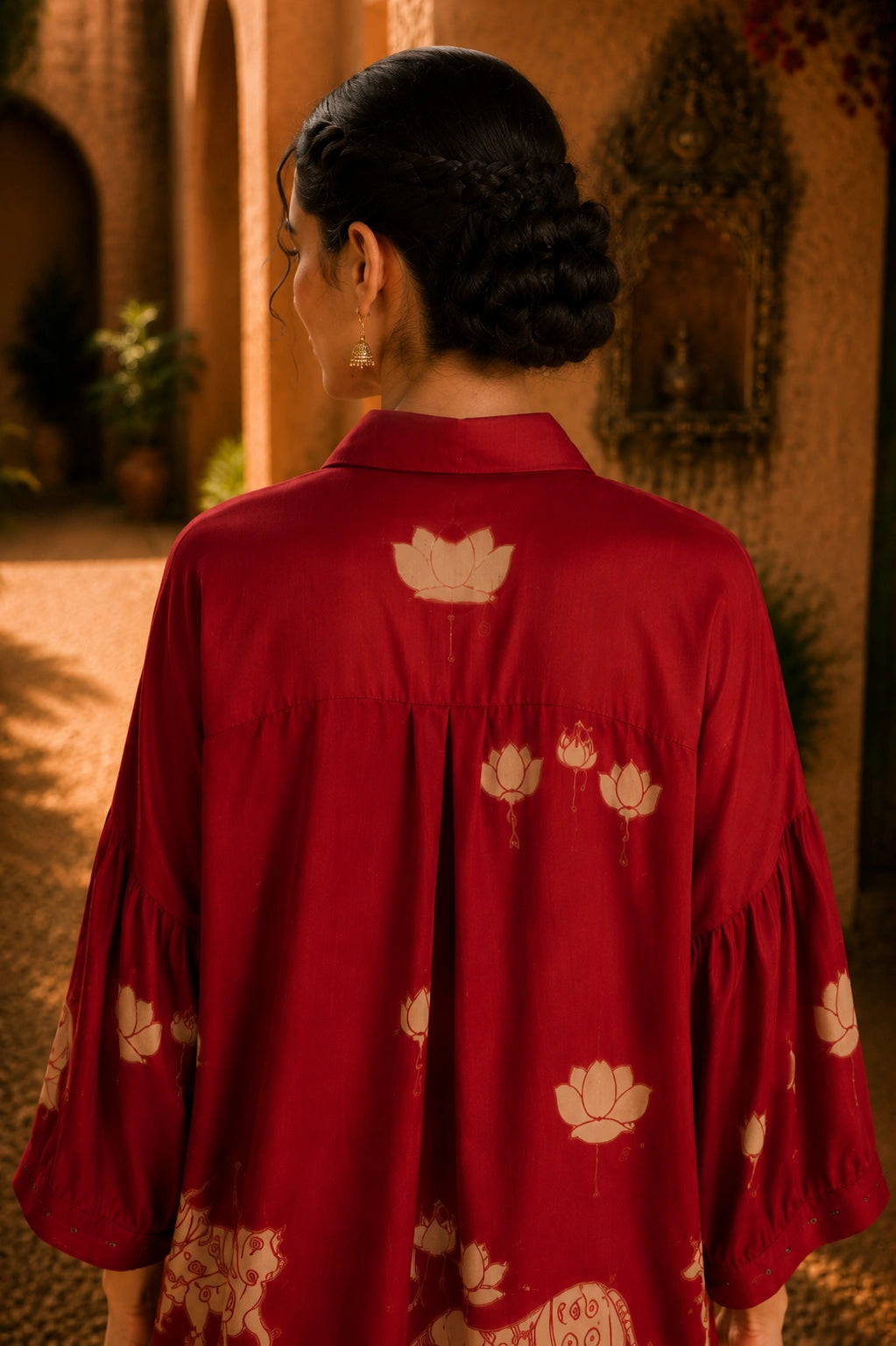 Red Kalamkari Elephant & Lotus Print Oversized Cotton Shirt – Premium Relaxed Fit Ethnic Fusion Top for Women