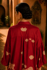 Red Kalamkari Elephant & Lotus Print Oversized Cotton Shirt – Premium Relaxed Fit Ethnic Fusion Top for Women