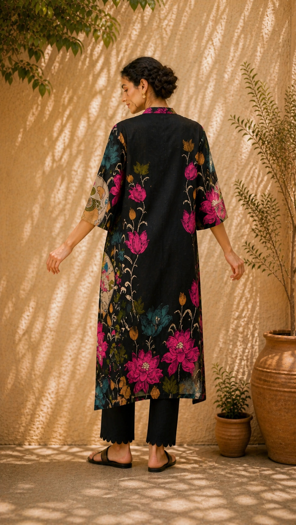 Vrindika Premium Cotton Printed Kurta Set with Pants – Black Floral Ethnic Wear