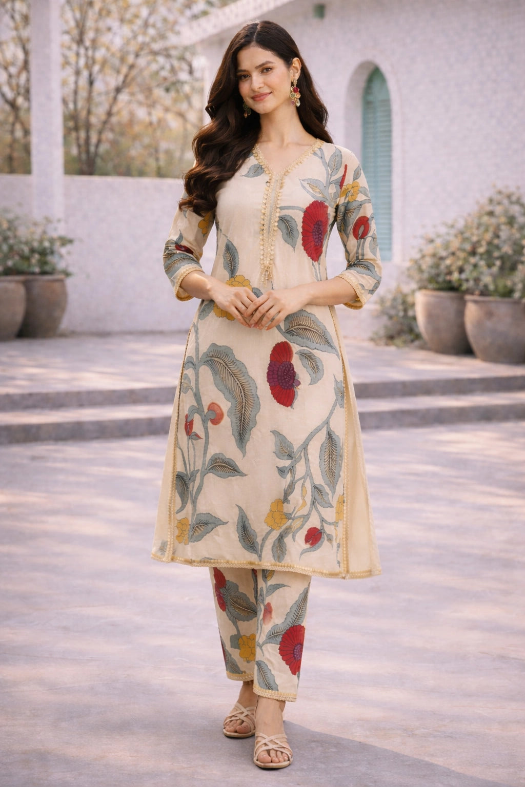 Off-White Floral Cotton Kurta Set with Lace Detailing