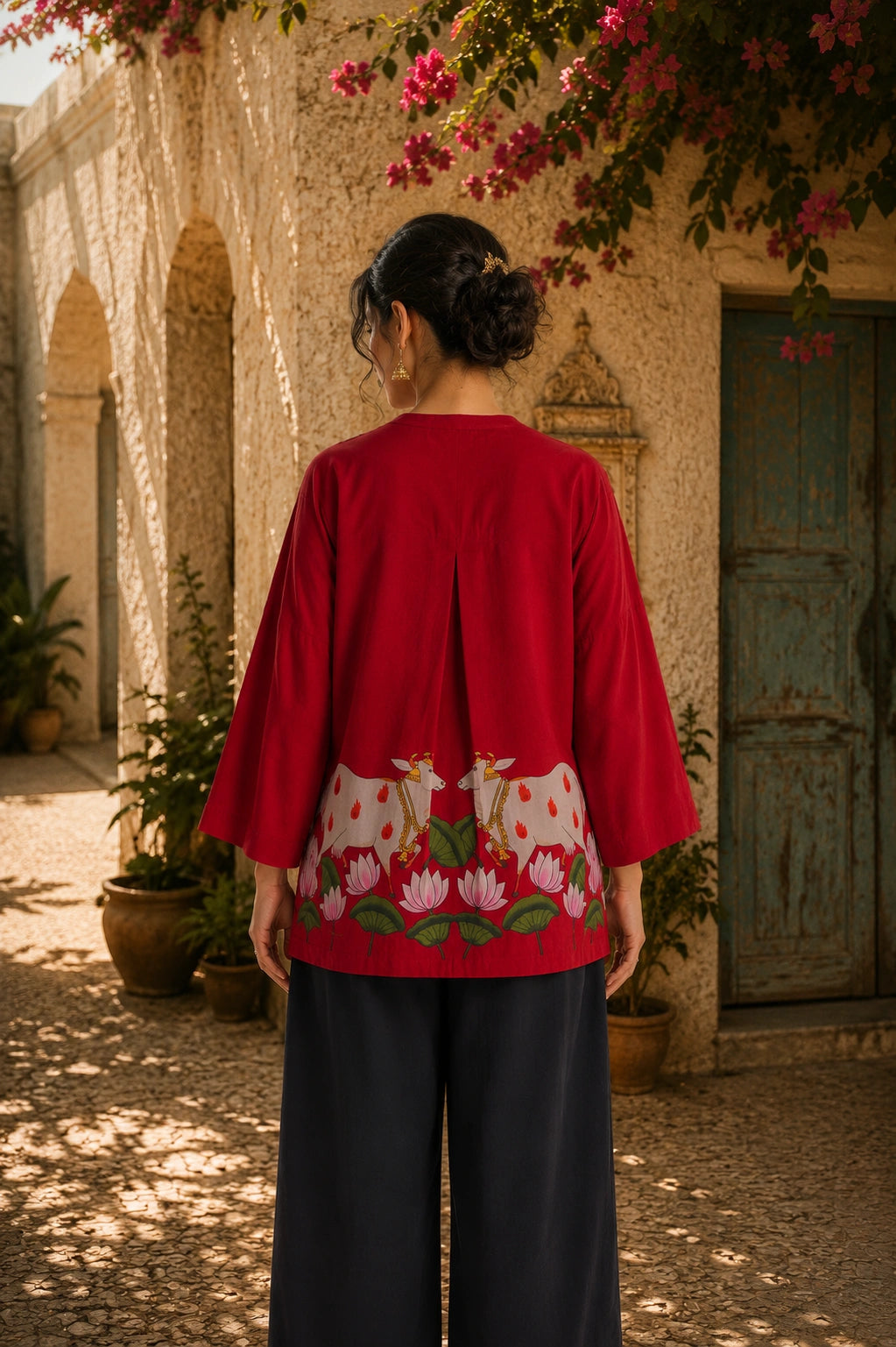 Surbhi Kalamkari Oversized Cotton Shirt for Women – Blood Red