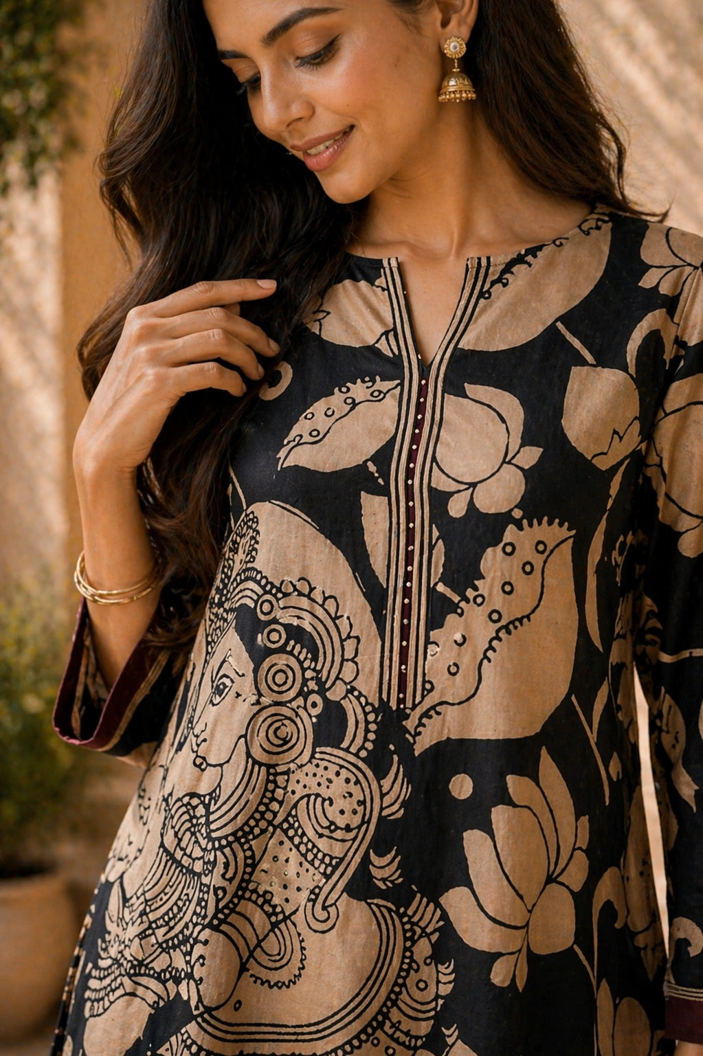 Black & Beige Kalamkari Kurta Set with Embroidery - Modern Ethnic Wear for Women