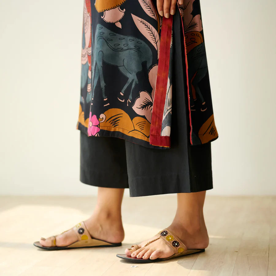 Chitra Kalamkari Print Kurta & Relaxed Churidar Pants Set (Black & Multi-Colored)