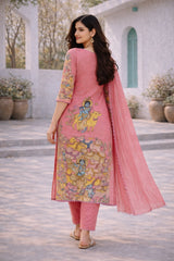 Pink Krishna Printed Cotton Kurta Pant Dupatta Set for Women | Ethnic Motif Kurti Set