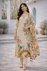 Off White Kalamkari Cotton Kurta Set with Dupatta | Floral & Wildlife Print