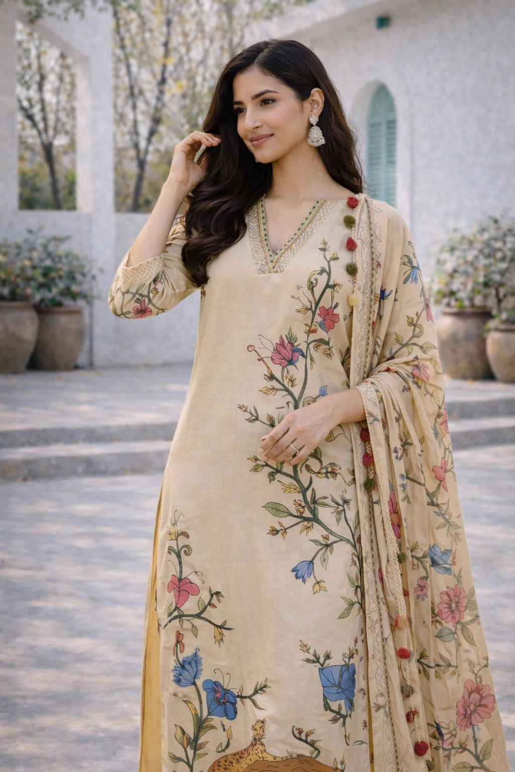 Off White Kalamkari Cotton Kurta Set with Dupatta | Floral & Wildlife Print
