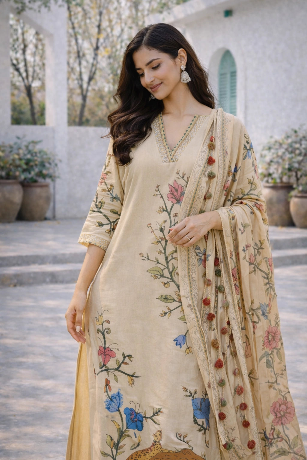 Off White Kalamkari Cotton Kurta Set with Dupatta | Floral & Wildlife Print