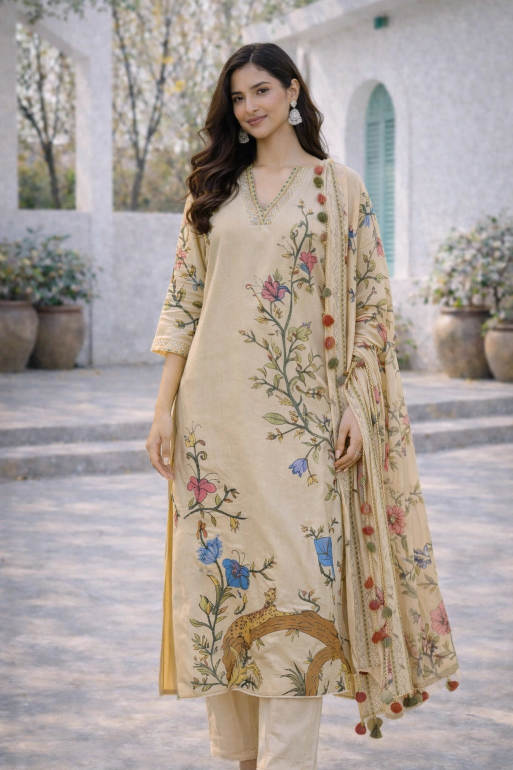Off White Kalamkari Cotton Kurta Set with Dupatta | Floral & Wildlife Print