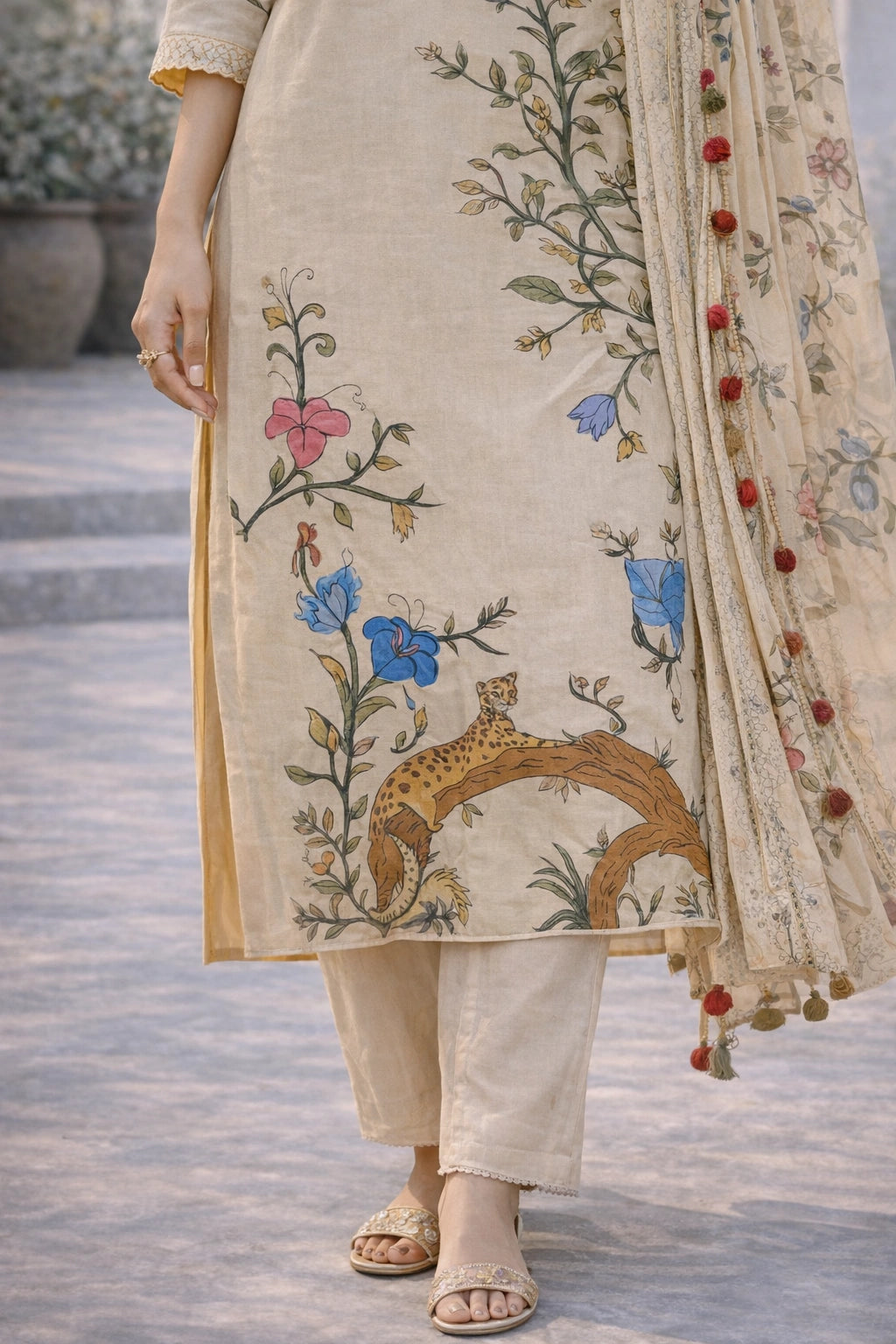 Off White Kalamkari Cotton Kurta Set with Dupatta | Floral & Wildlife Print
