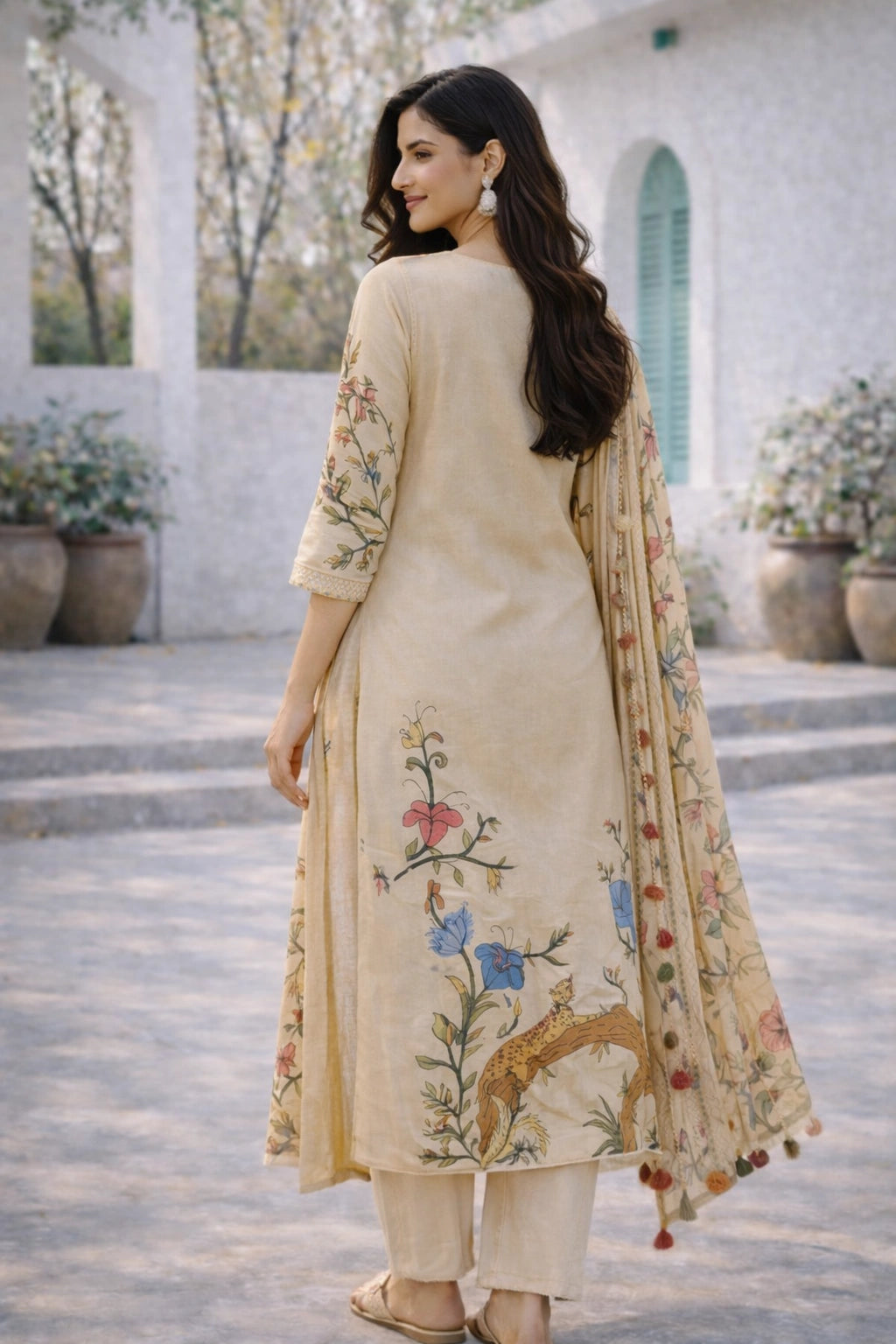 Off White Kalamkari Cotton Kurta Set with Dupatta | Floral & Wildlife Print