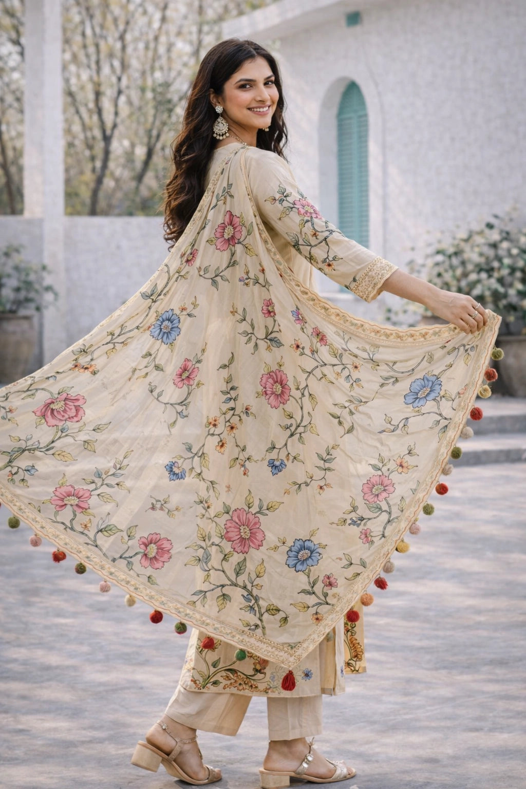 Off White Kalamkari Cotton Kurta Set with Dupatta | Floral & Wildlife Print