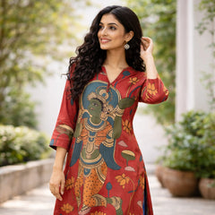 Rasika Kalamkari Print Premium Fabric Kurta Set with Pants for Women - Rust