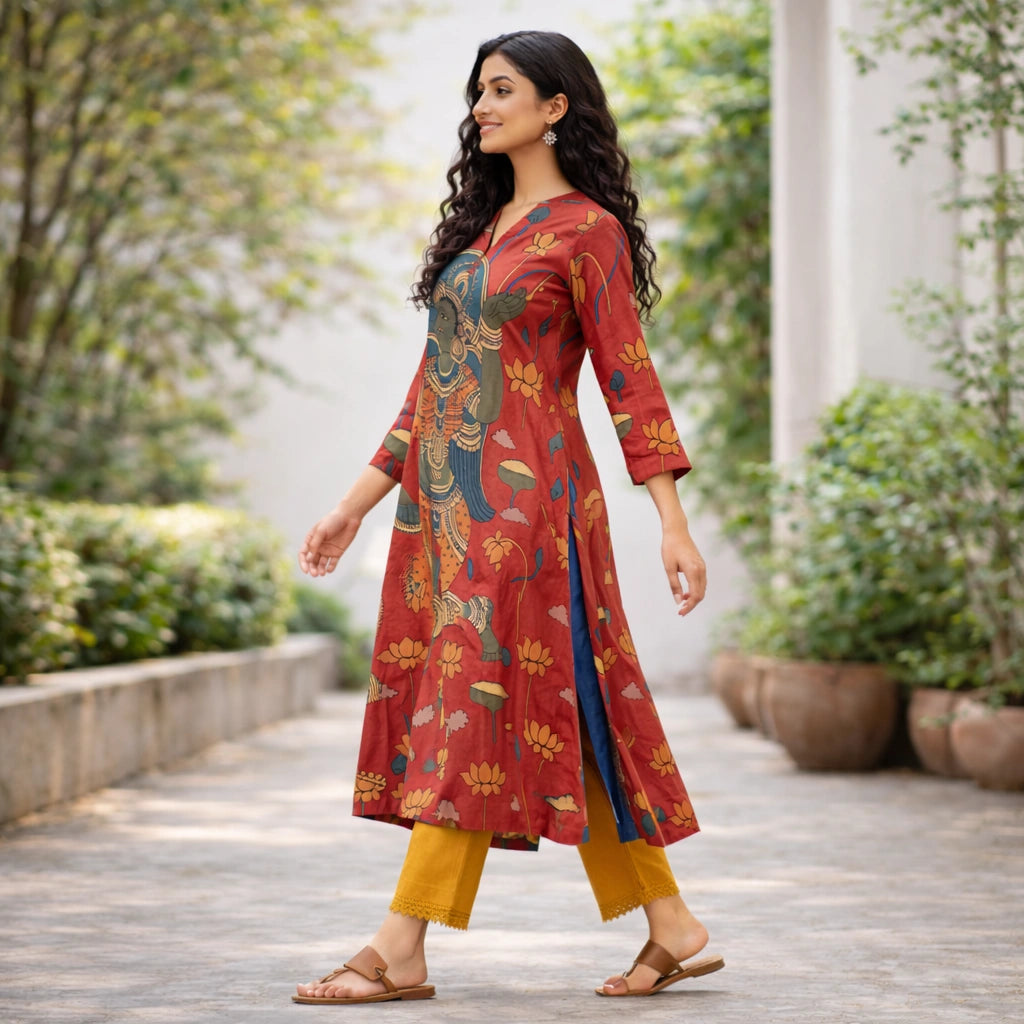 Rasika Kalamkari Print Premium Fabric Kurta Set with Pants for Women - Rust
