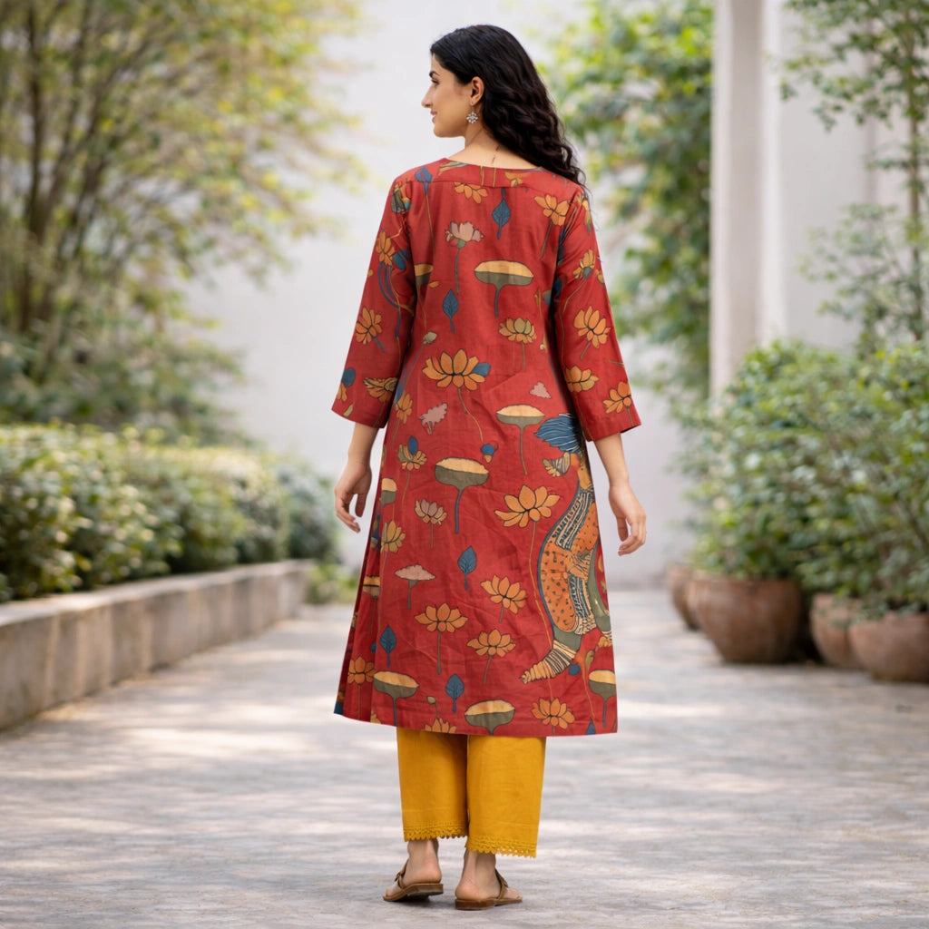 Rasika Kalamkari Print Premium Fabric Kurta Set with Pants for Women - Rust