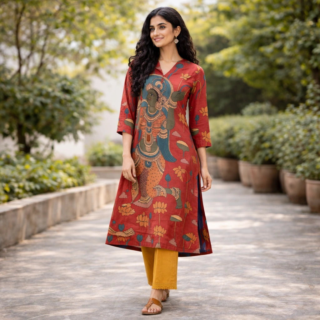 Rasika Kalamkari Print Premium Fabric Kurta Set with Pants for Women - Rust