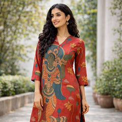 Rasika Kalamkari Print Premium Fabric Kurta Set with Pants for Women - Rust