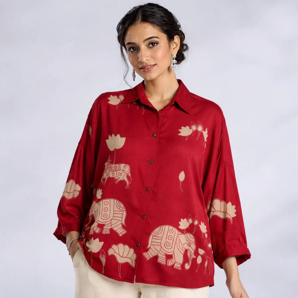 Red Kalamkari Elephant & Lotus Print Oversized Cotton Shirt – Premium Relaxed Fit Ethnic Fusion Top for Women