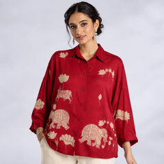 Red Kalamkari Elephant & Lotus Print Oversized Cotton Shirt – Premium Relaxed Fit Ethnic Fusion Top for Women