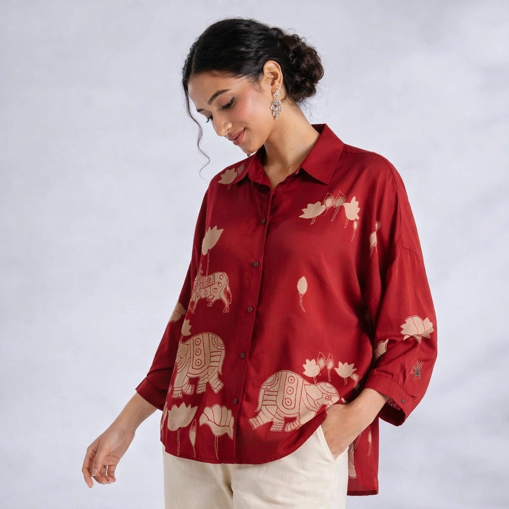 Red Kalamkari Elephant & Lotus Print Oversized Cotton Shirt – Premium Relaxed Fit Ethnic Fusion Top for Women