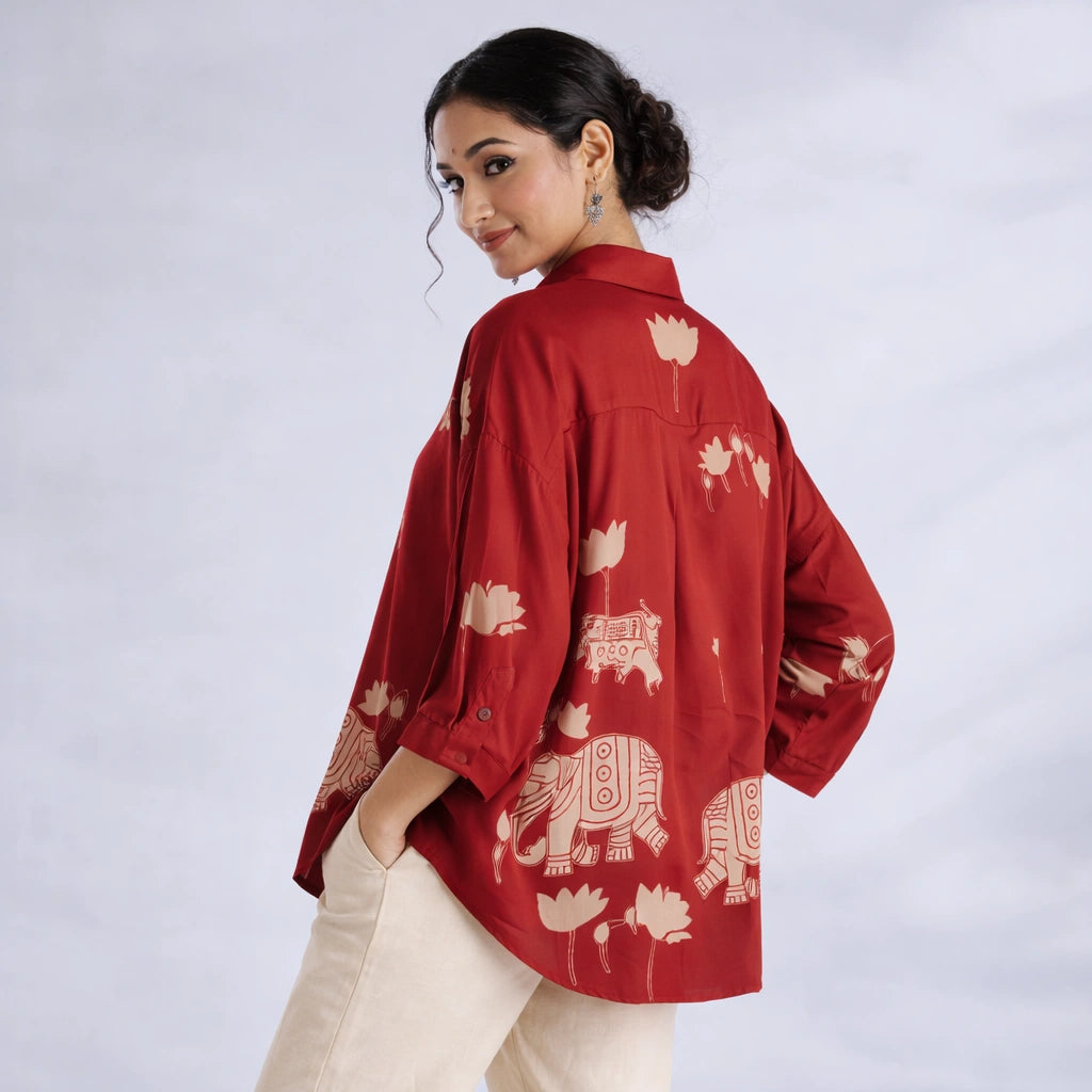 Red Kalamkari Elephant & Lotus Print Oversized Cotton Shirt – Premium Relaxed Fit Ethnic Fusion Top for Women