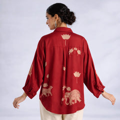 Red Kalamkari Elephant & Lotus Print Oversized Cotton Shirt – Premium Relaxed Fit Ethnic Fusion Top for Women
