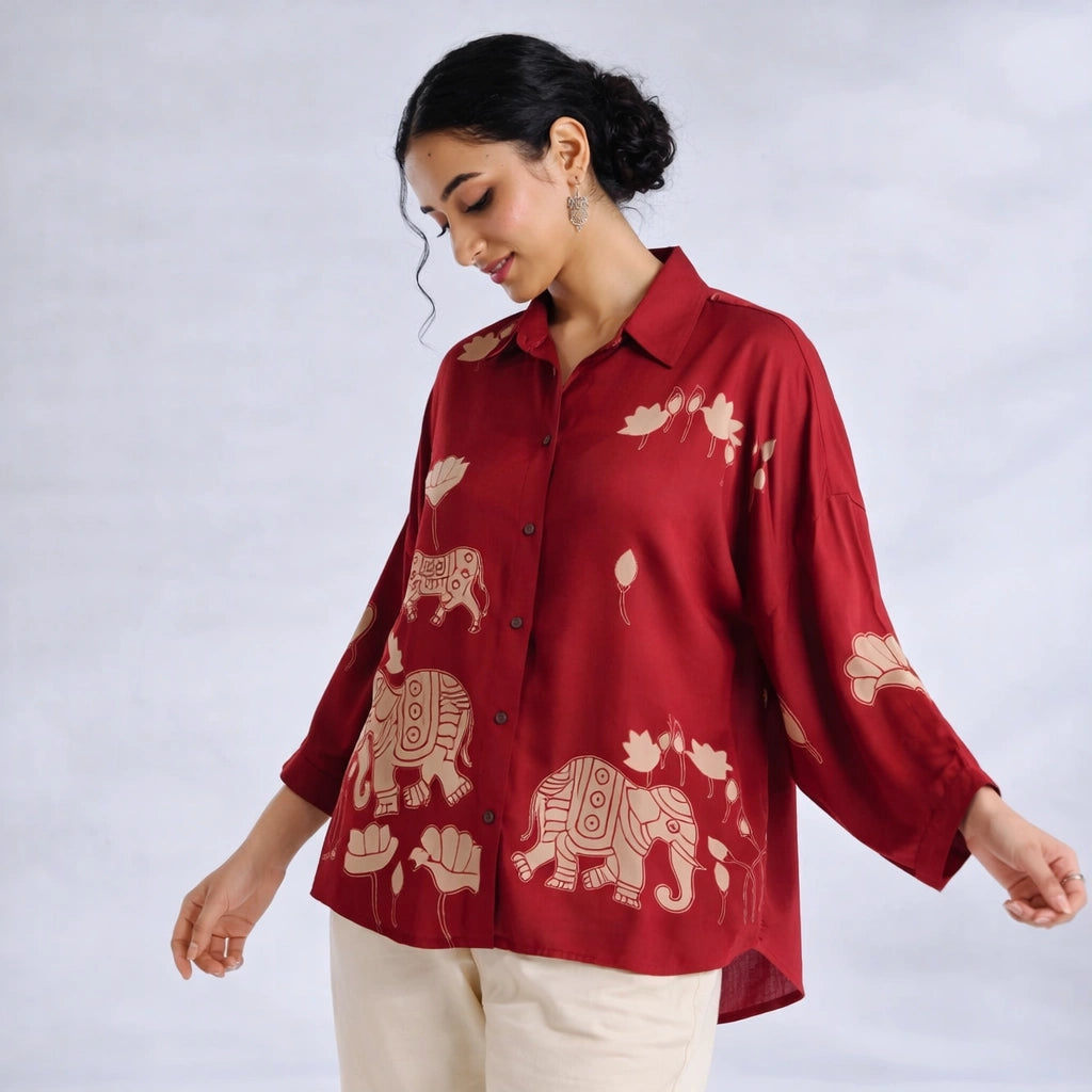 Red Kalamkari Elephant & Lotus Print Oversized Cotton Shirt – Premium Relaxed Fit Ethnic Fusion Top for Women