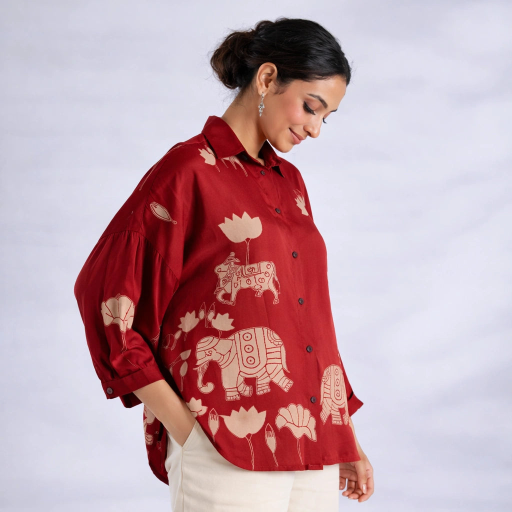 Red Kalamkari Elephant & Lotus Print Oversized Cotton Shirt – Premium Relaxed Fit Ethnic Fusion Top for Women