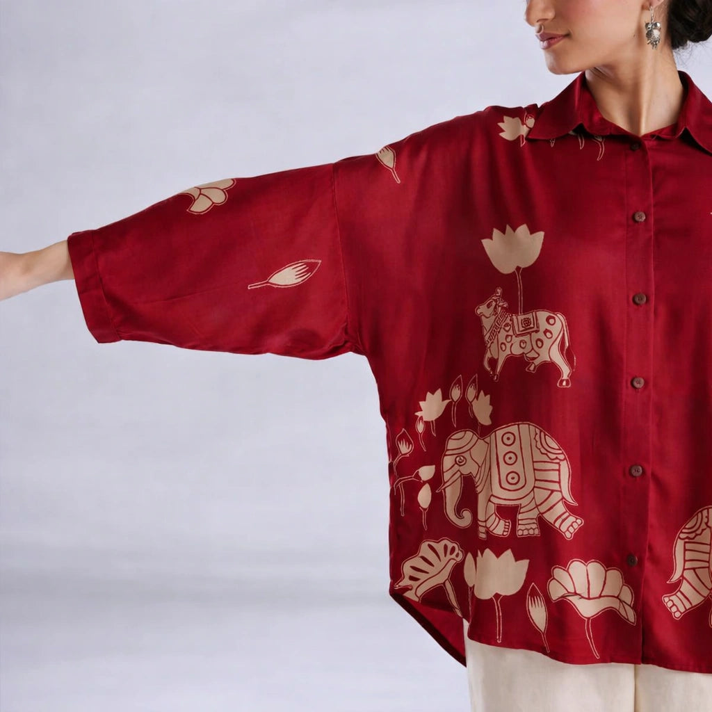 Red Kalamkari Elephant & Lotus Print Oversized Cotton Shirt – Premium Relaxed Fit Ethnic Fusion Top for Women