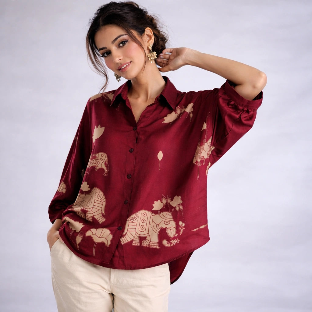Maroon Kalamkari Elephant & Lotus Print Oversized Cotton Shirt – Premium Relaxed Fit Ethnic Fusion Top for Women