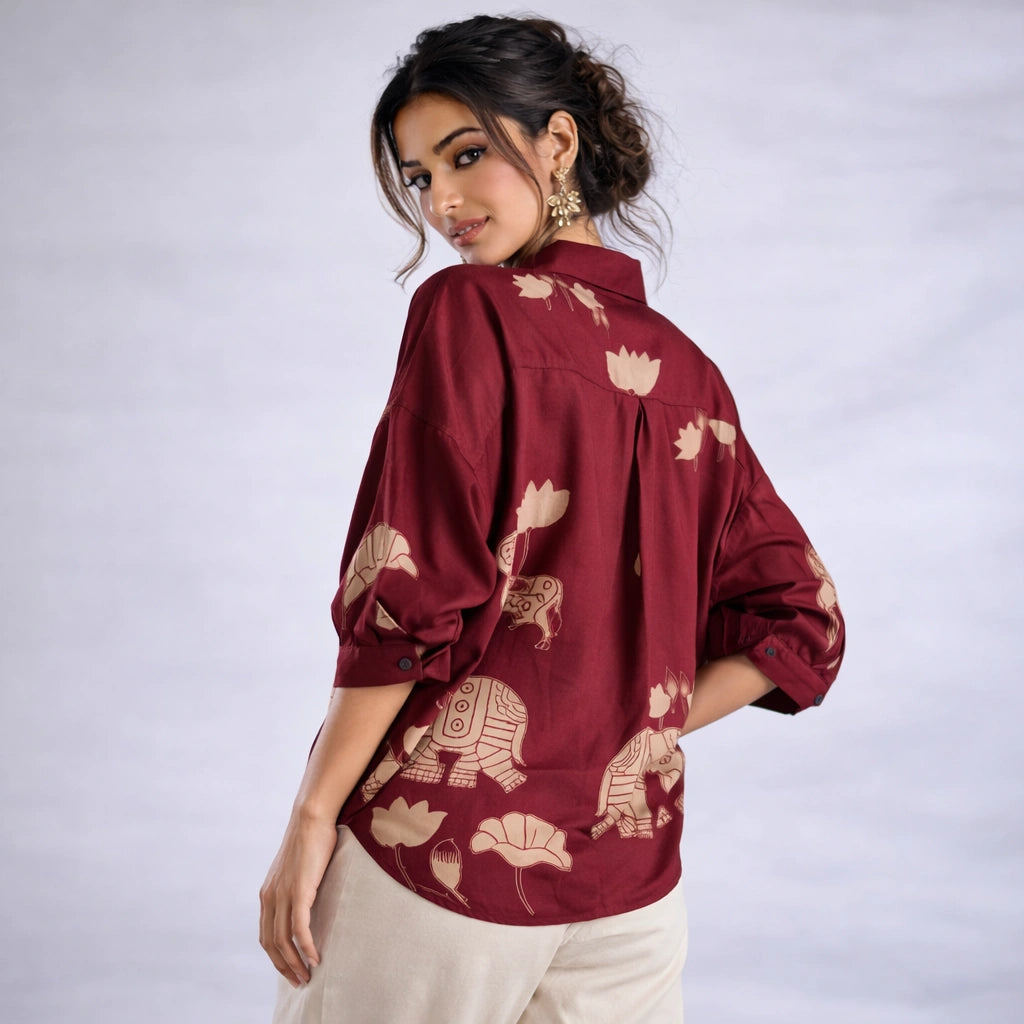 Maroon Kalamkari Elephant & Lotus Print Oversized Cotton Shirt – Premium Relaxed Fit Ethnic Fusion Top for Women