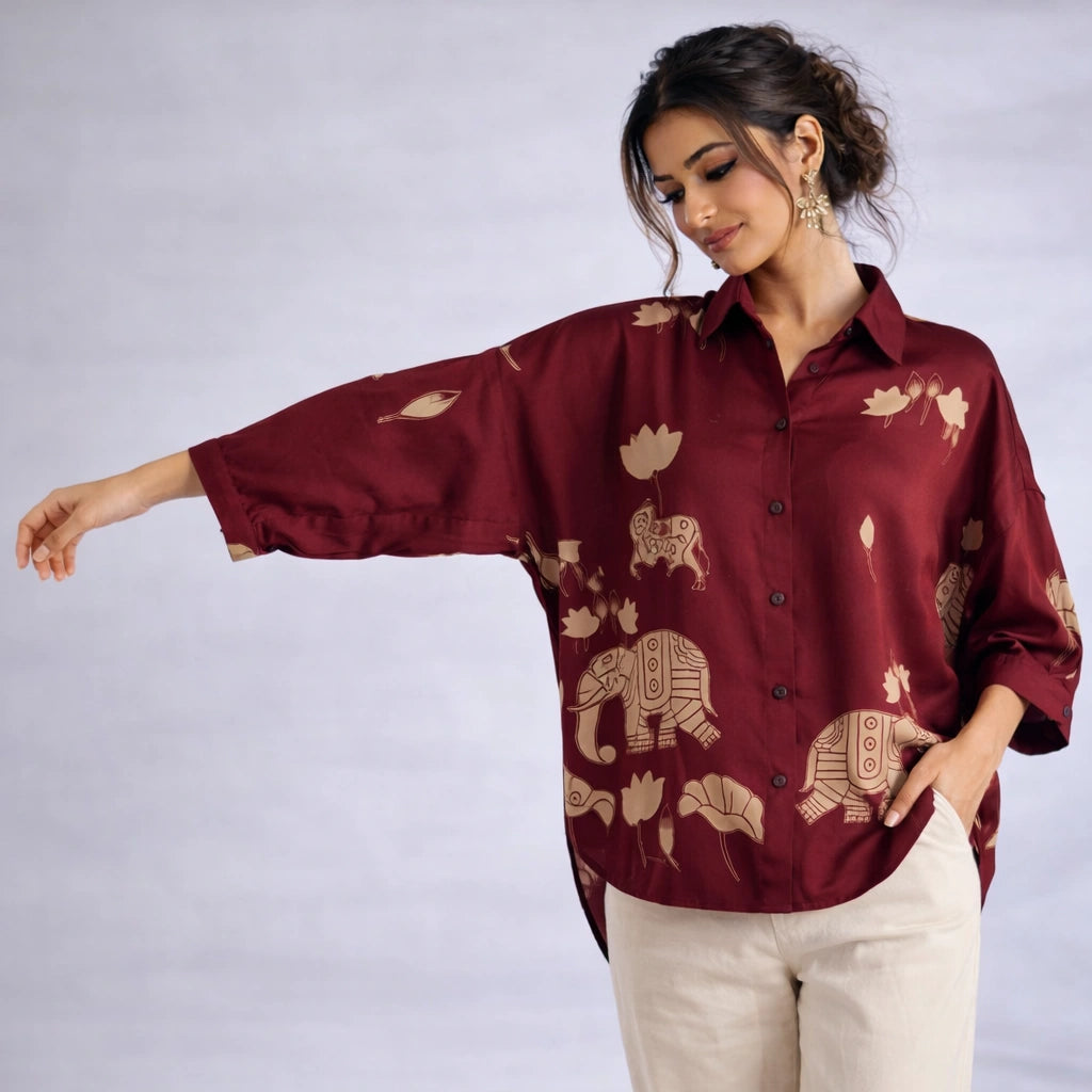 Maroon Kalamkari Elephant & Lotus Print Oversized Cotton Shirt – Premium Relaxed Fit Ethnic Fusion Top for Women