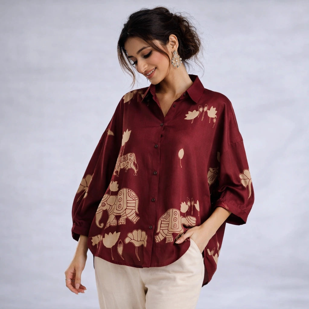 Maroon Kalamkari Elephant & Lotus Print Oversized Cotton Shirt – Premium Relaxed Fit Ethnic Fusion Top for Women