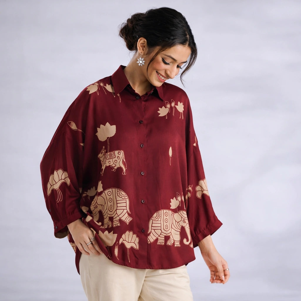 Maroon Kalamkari Elephant & Lotus Print Oversized Cotton Shirt – Premium Relaxed Fit Ethnic Fusion Top for Women
