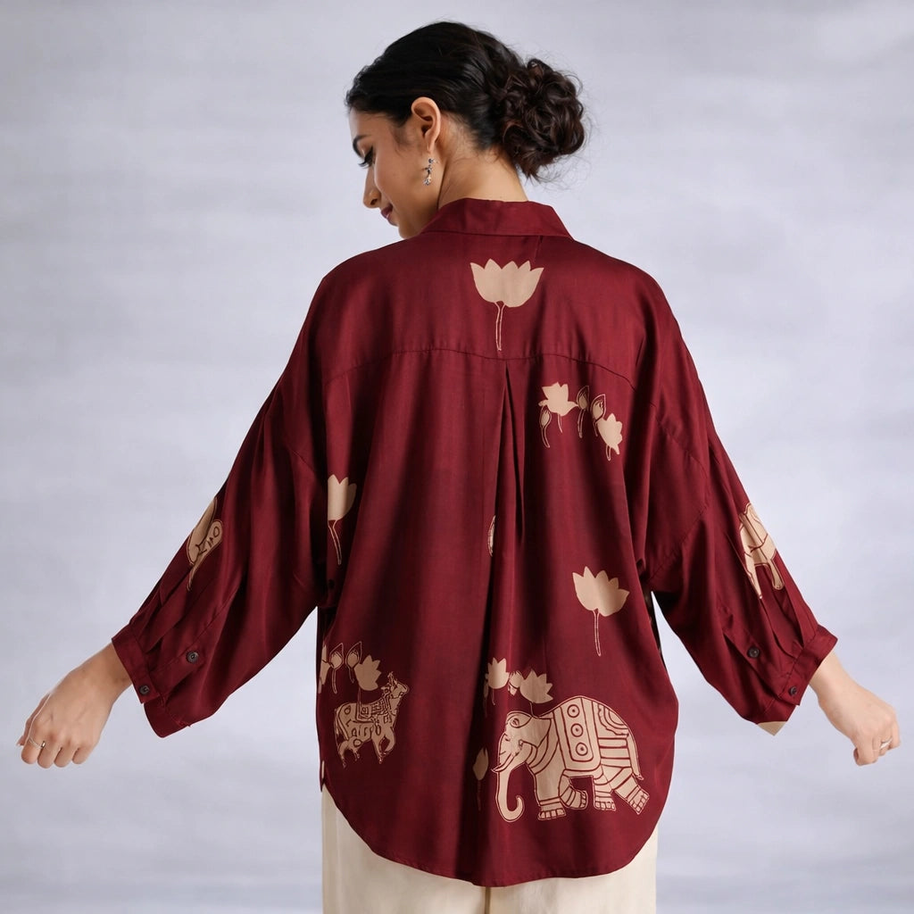 Maroon Kalamkari Elephant & Lotus Print Oversized Cotton Shirt – Premium Relaxed Fit Ethnic Fusion Top for Women