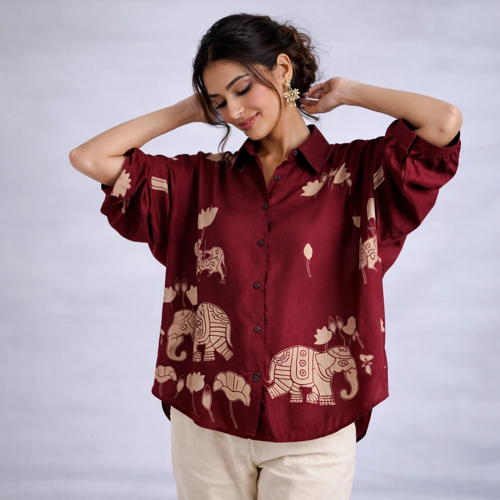 Maroon Kalamkari Elephant & Lotus Print Oversized Cotton Shirt – Premium Relaxed Fit Ethnic Fusion Top for Women