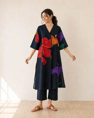 Hibiscus Black Cotton Kurti Set for Women