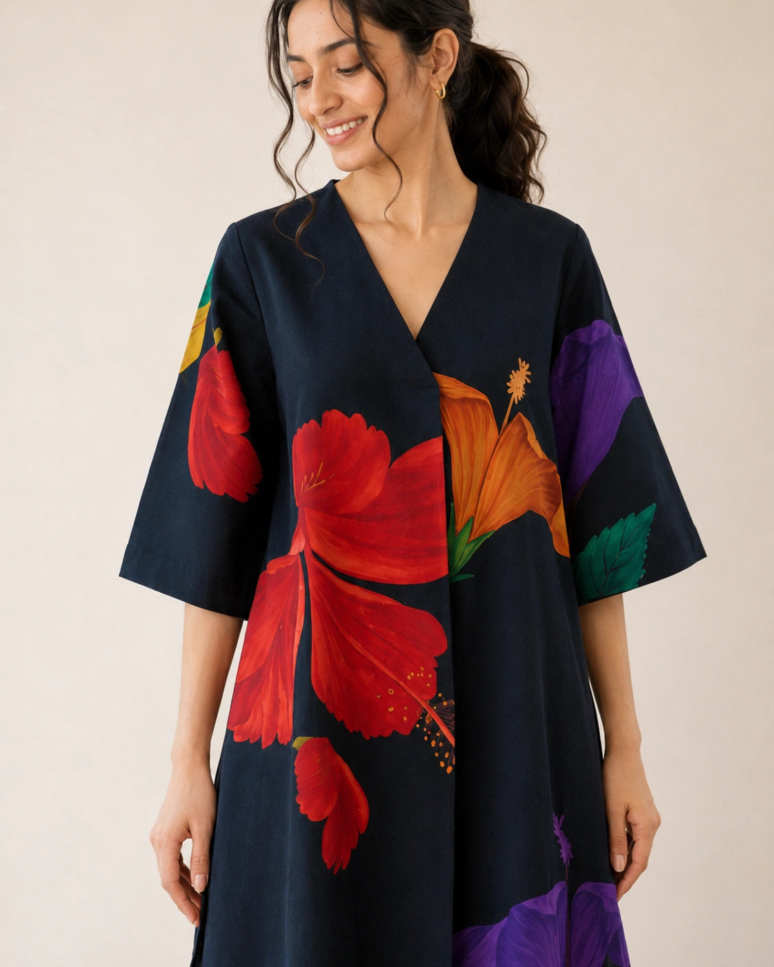 Hibiscus Black Cotton Kurti Set for Women