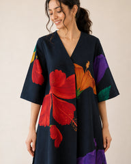 Hibiscus Black Cotton Kurti Set for Women