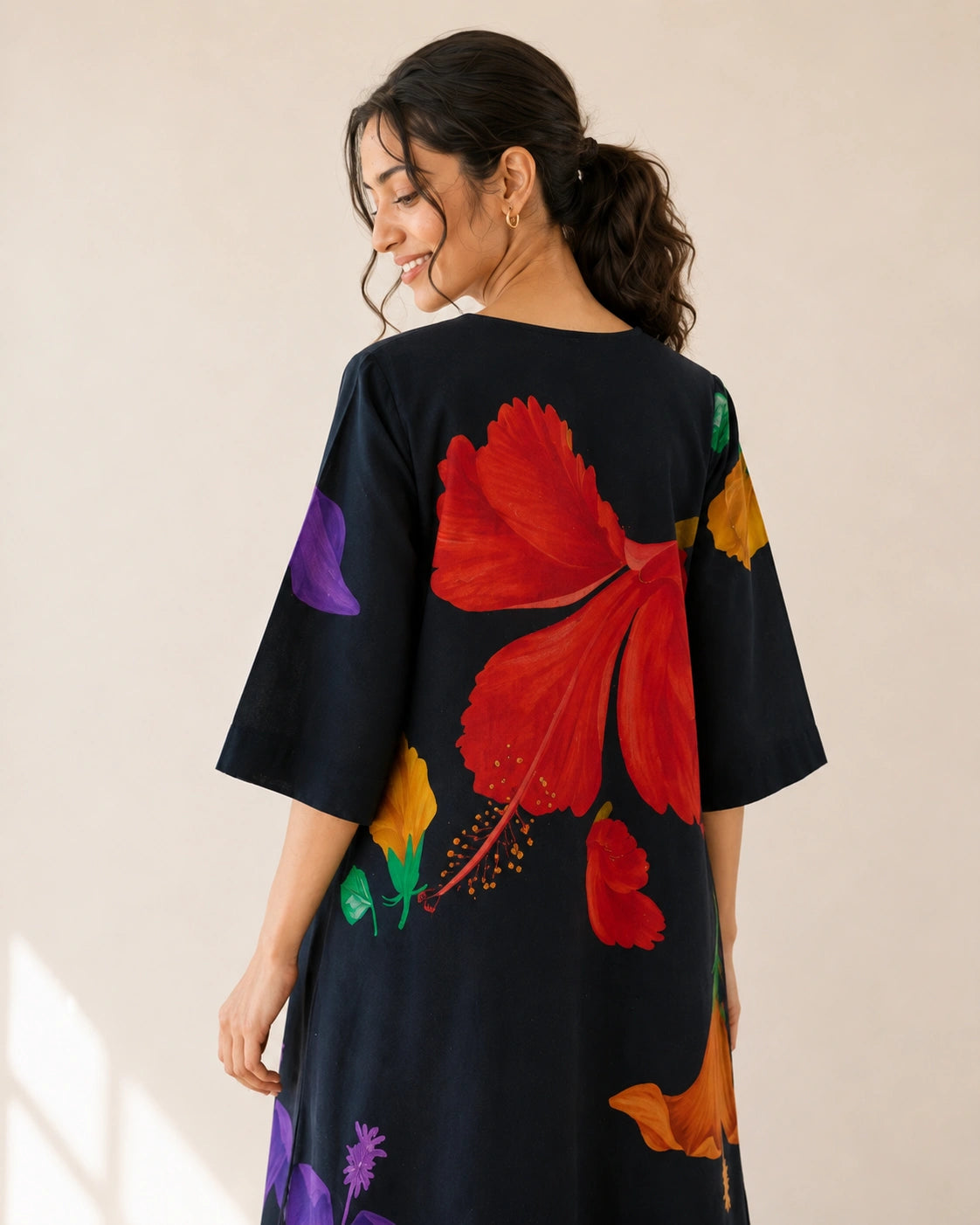 Hibiscus Black Cotton Kurti Set for Women