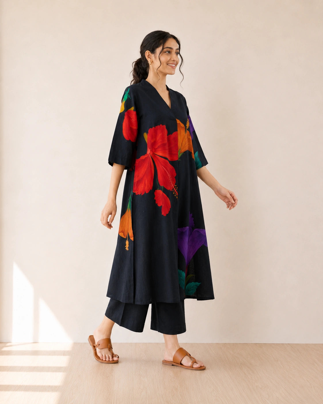 Hibiscus Black Cotton Kurti Set for Women