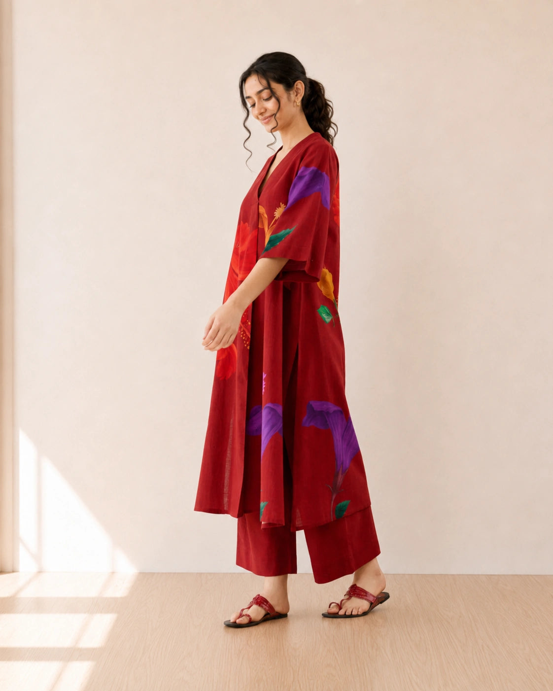 Hibiscus Cherry Red Soft Cotton Kurti Set