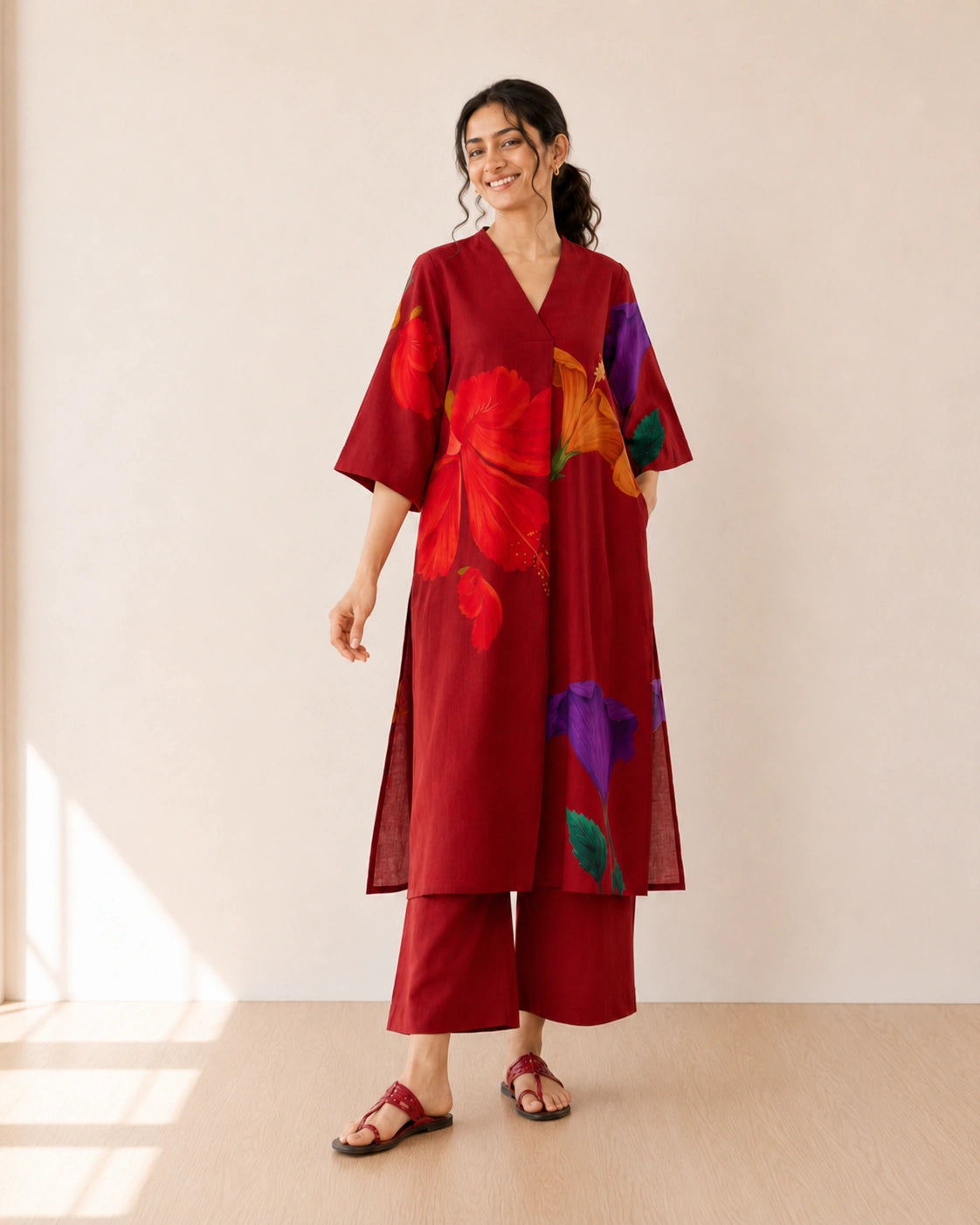 Hibiscus Cherry Red Soft Cotton Kurti Set