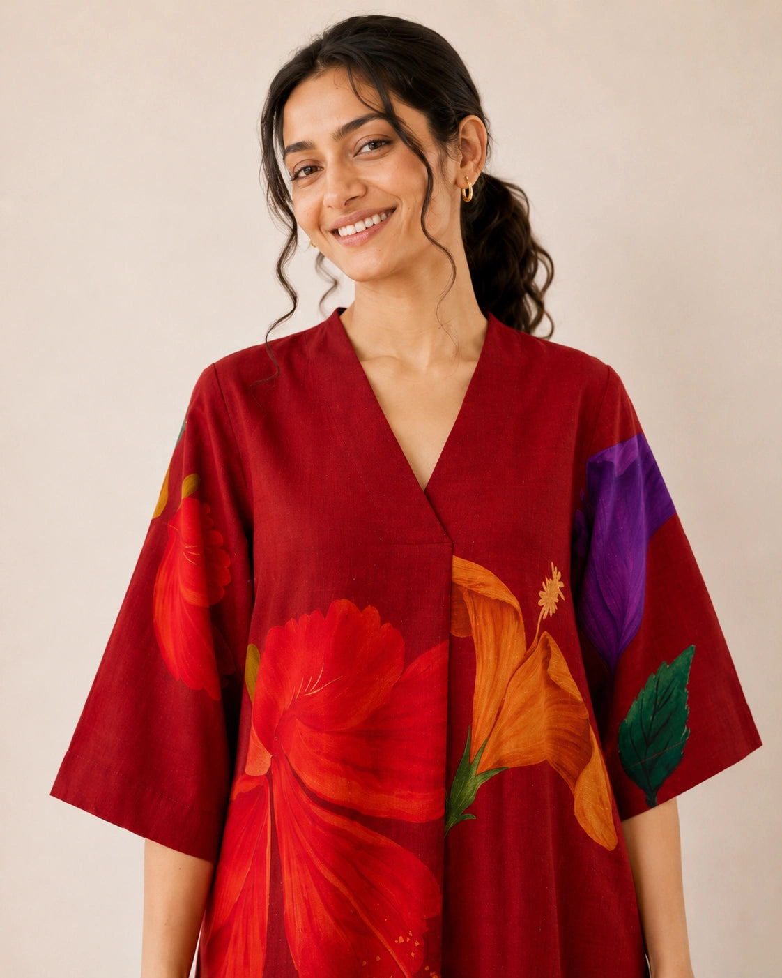 Hibiscus Cherry Red Soft Cotton Kurti Set