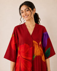 Hibiscus Cherry Red Soft Cotton Kurti Set