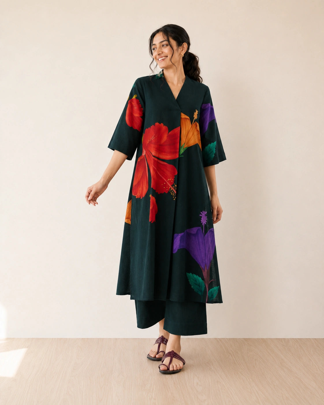 Hibiscus Emerald Green Cotton Kurti Set for Women