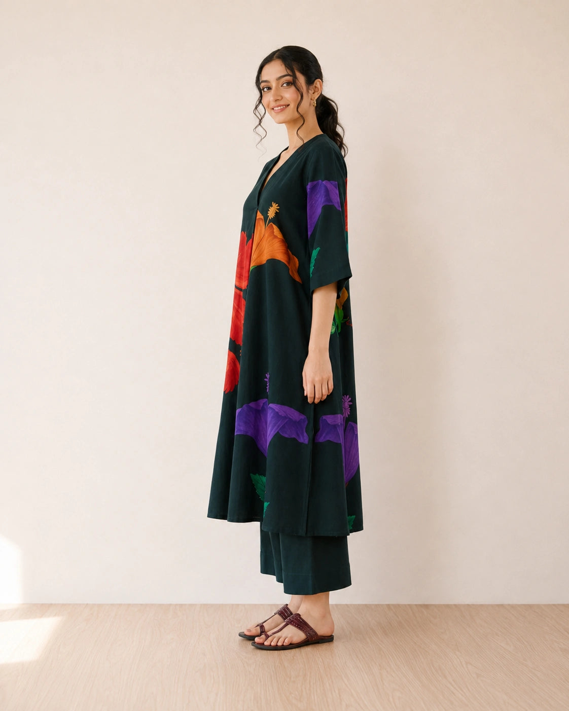Hibiscus Emerald Green Cotton Kurti Set for Women