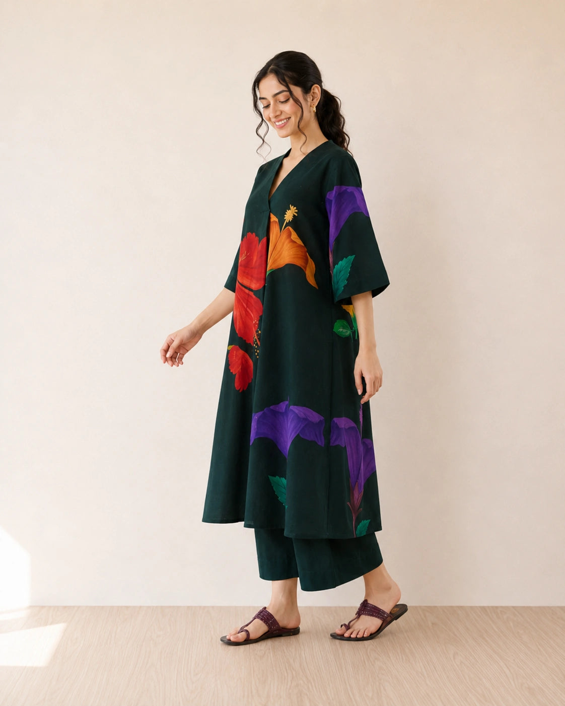 Hibiscus Emerald Green Cotton Kurti Set for Women