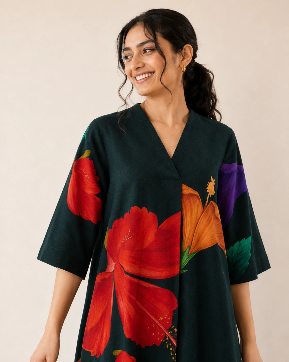 Hibiscus Emerald Green Cotton Kurti Set for Women