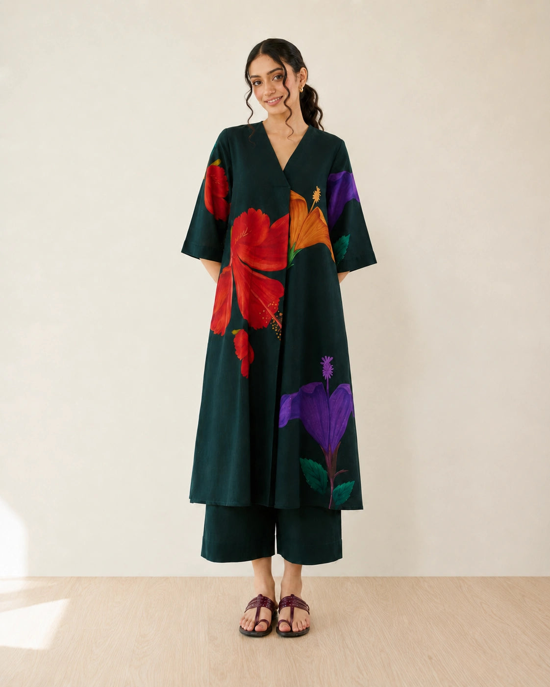 Hibiscus Emerald Green Cotton Kurti Set for Women